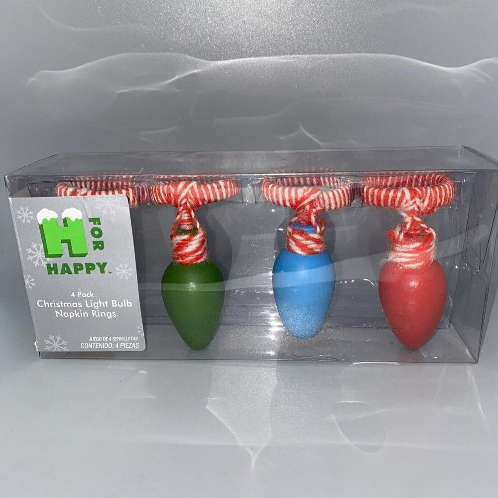 H for Happy Set Of 4 Christmas‎ Light Bulb Napkin Rings NEW Holiday Party XMAS